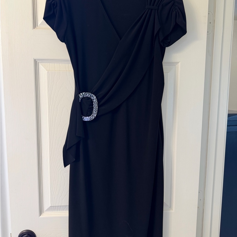 Joseph Ribkoff Black Draped Mini Dress with Embellished Buckle